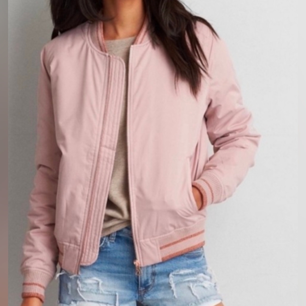 AEO Bomber Jacket In Light Pink With Rose Gold‎